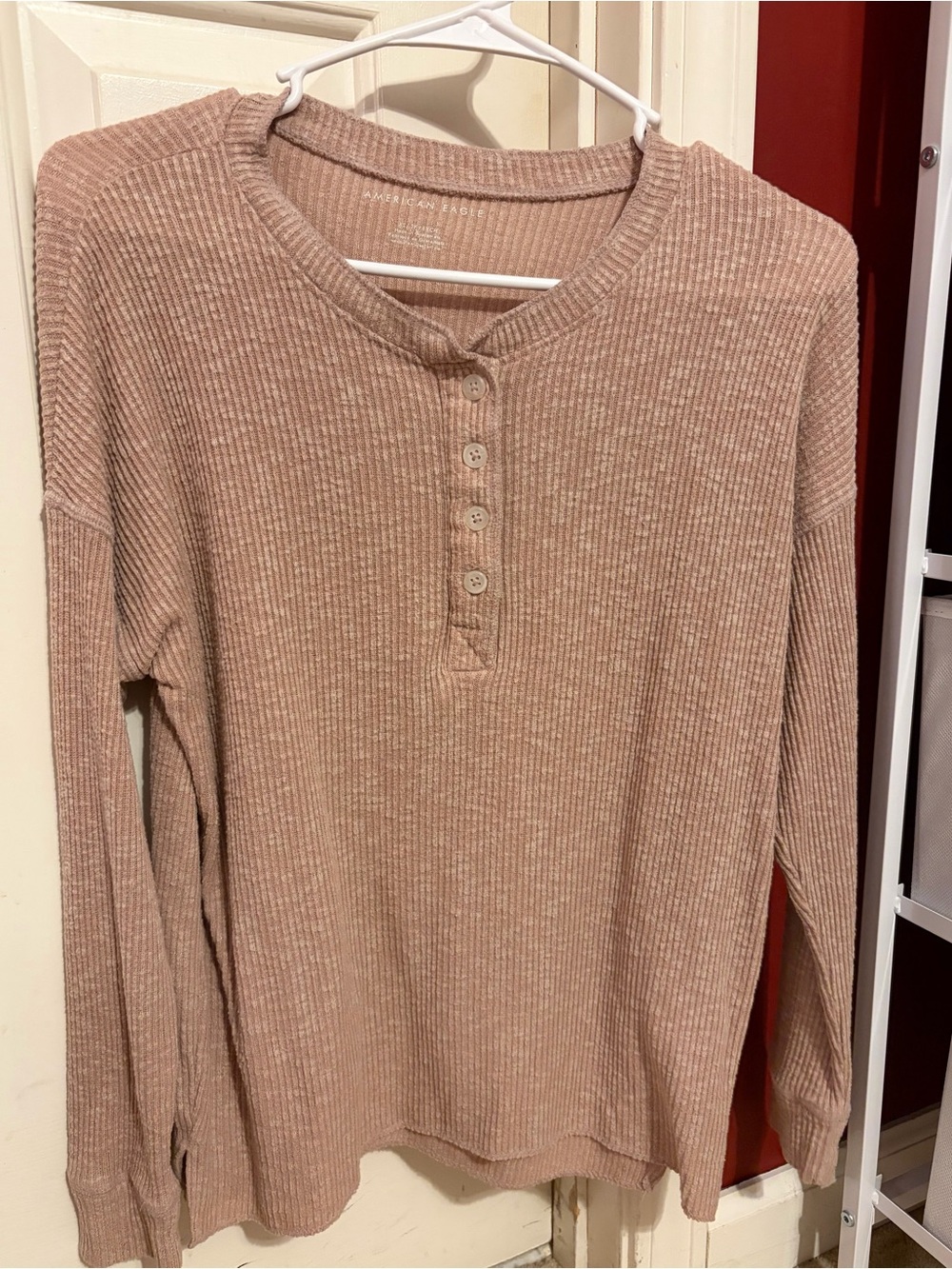 American Eagle Outfitters Ribbed Henley Long Sleeve Top - Blush